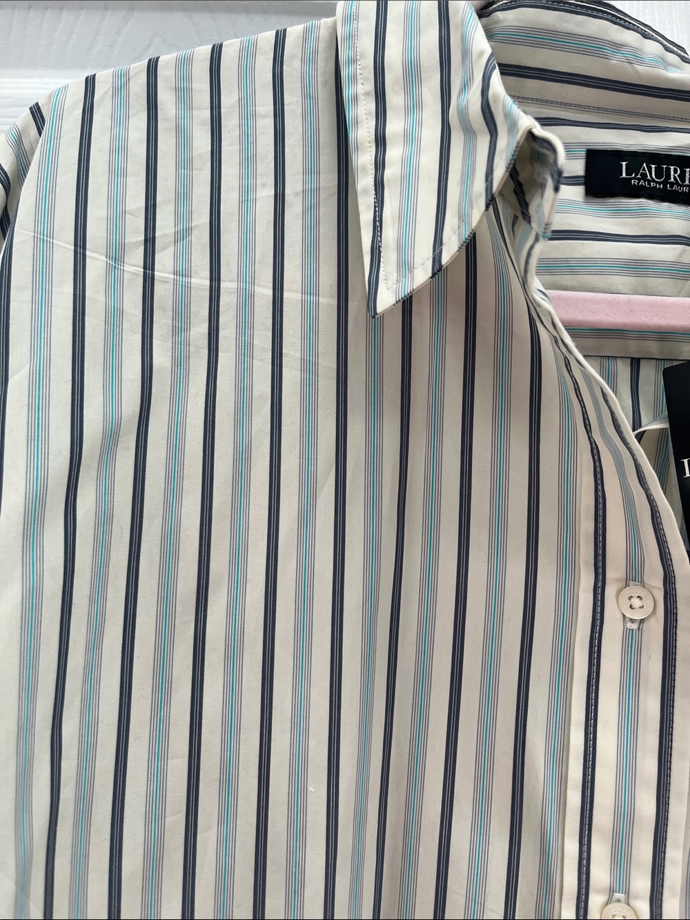 Lauren Ralph Lauren Cream and Navy Vertical-Stripe Button-Down Shirt - Picture 4 of 4